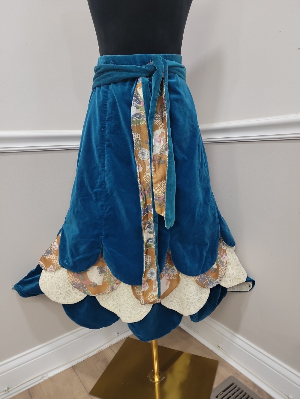 Chessa Davis Teal Velvet Scalloped Tiered Wrap Maxi Skirt One Size